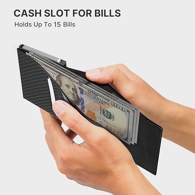 Mens Smart Wallet Card Holder for AirTag: Leather, Compatible with Apple Air Tag, RFID Blocking, Slim, Carbon Fiber, Minimalist - 9-14 Card Capacity | ID Window | Cash Slot (Black)