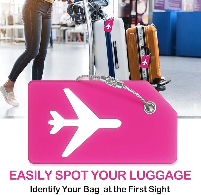 8pack Luggage Tags for Suitcases with Name ID Card,Quickly Identify Travel Tags for Luggage, Backpacks, Bags, Baggage, Cruise Suitcases - Flexible & Bright Silicone (Neo Pink