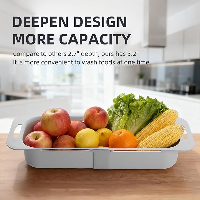 Extended Long Over the Sink Colander, Wash Vegetables Fruits Collapsible Colander Strainer, 14.5"-19.3" Extendable Kitchen Sink Accessories for Dishes Drying, Vegetable Basket, with Peeler