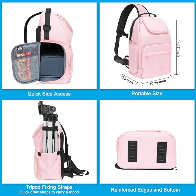 MOSISO Camera Sling Bag, DSLR/SLR/Mirrorless Camera Case Crossbody Photography Backpack with Tripod Holder&Removable Modular Inserts&PU Handle Compatible with Canon/Nikon/Sony, Pink