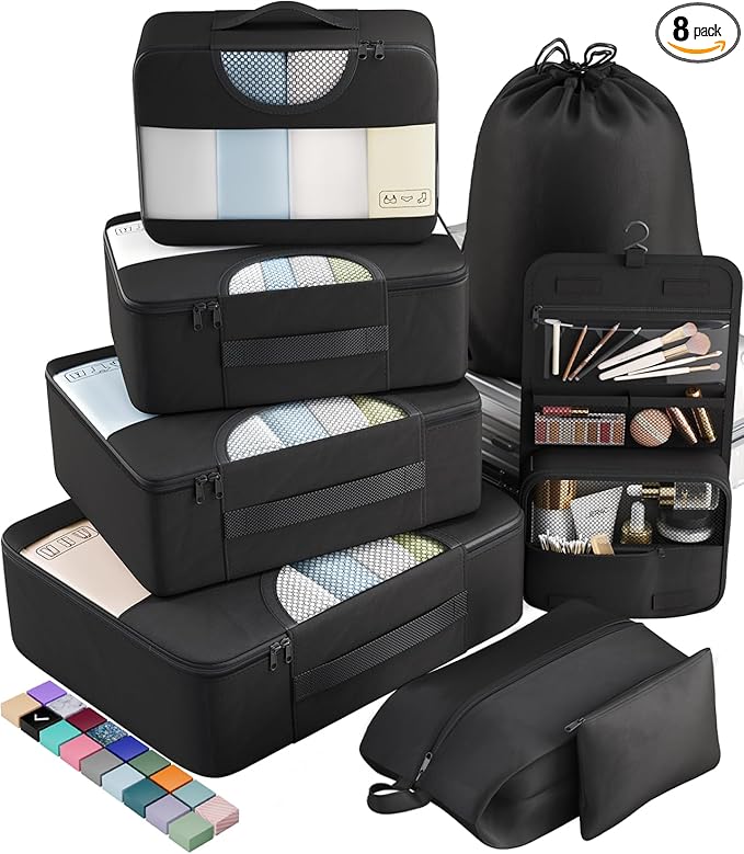 Veken 10 Set/8 Set Packing Cubes for Travel Essentials, Suitcase Organizer Bags in 4 Sizes, Carry-On Luggage Accessories with Large Laundry & Toiletry Bag, Must-Have for Airplane, Road Trip & Camping