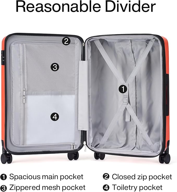 Hanke 29 Inch Expandable Checked Luggage Lightweight PC Hard Shell Luggage Suitcases with Wheels Tsa Luggage Rolling Large Suitcase Travel Luggage Bag for Study Abroad(Orange)