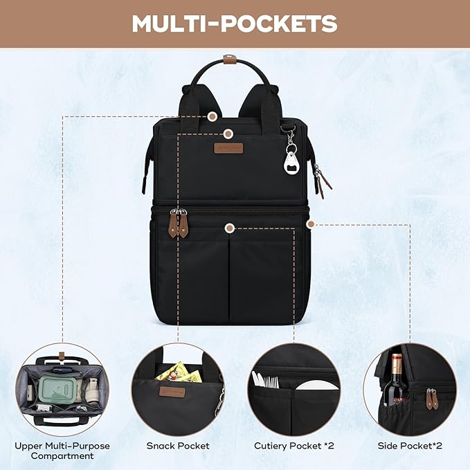 Maelstrom Cooler Backpack, 36 Cans Insulated Backpack Cooler, Soft Leakproof Double Deck Cooler Bag, Lightweight Lunch Backpack for Men & Women,Perfect for Beach Travel, Camping & Work-Black