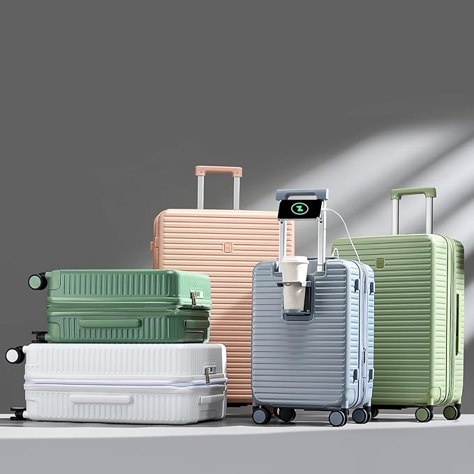 28 Inch Luggage Hard Shell Suitcases, Expandable Travel Checked Luggage 28 Inch, Large Check In Luggage with Spinner Wheels Cup Holder Charger Built in Lightweight Suitcase, Bamboo Green