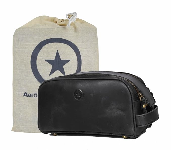 10" Premium Leather Toiletry Travel Pouch With Waterproof Lining Black Color | King-Size Handcrafted Vintage Dopp - Kit ~ Gift for Father's Day By Aaron Leather Goods