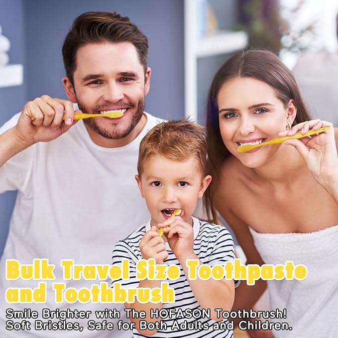 HOFASON Disposable Toothbrushes With Toothpaste Pack of 10, Yellow Hollow Travel Set Individually Wrapped for Homeless, Nursing Home, Shelter, Hotel