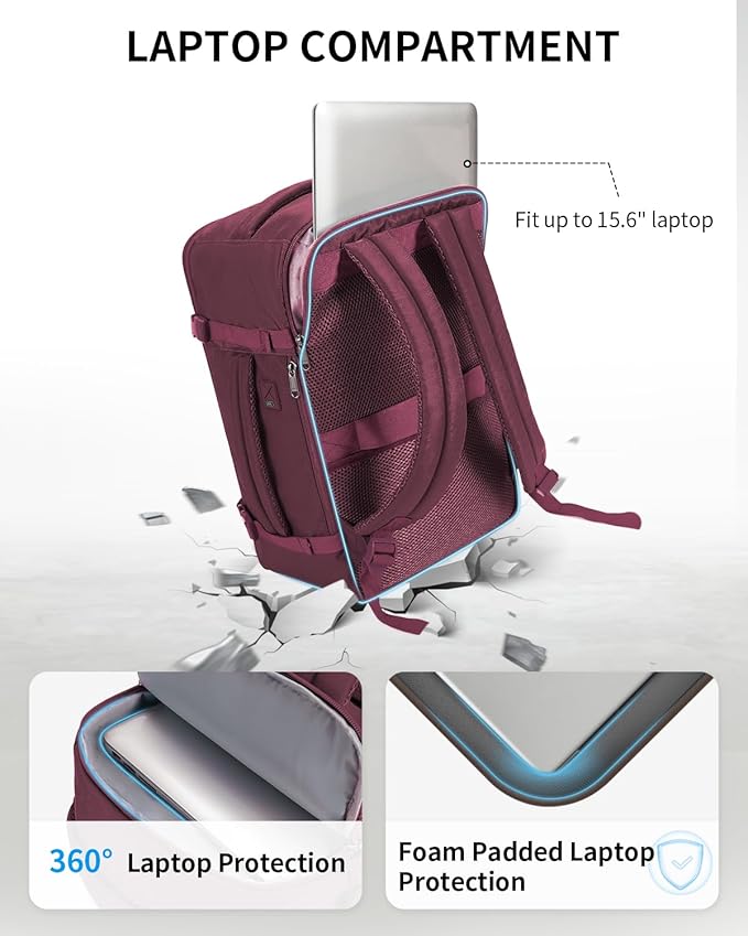 ECOHUB Travel Backpack for Women, Carry on Backpack with USB Charging Hole, Spirit Airlines Personal Item Bag Flight Approved, 15.6 Inch Laptop Backpack with Anti Theft Pockets, 30L, Red