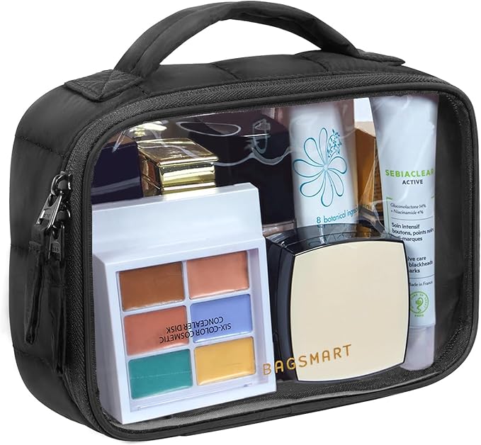 BAGSMART Clear TSA-Approved Toiletry Bag, Large Opening Quart Sized Makeup Bag with Handle, Double Zipper, Clear Cosmetic Organizer for Women