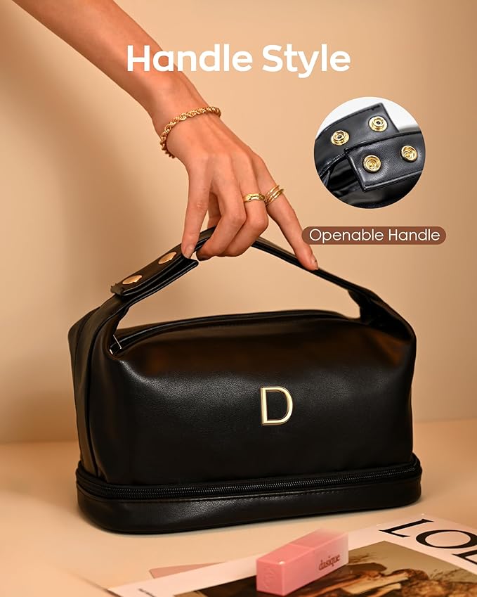 Birthday Gifts for Women, Personalized Makeup Bag with Handle, Initial Double Layer Cosmetic Bag with Makeup Brush Organizer, PU Leather Travel Toiletry Bag, Gifts for Friends Female Mom