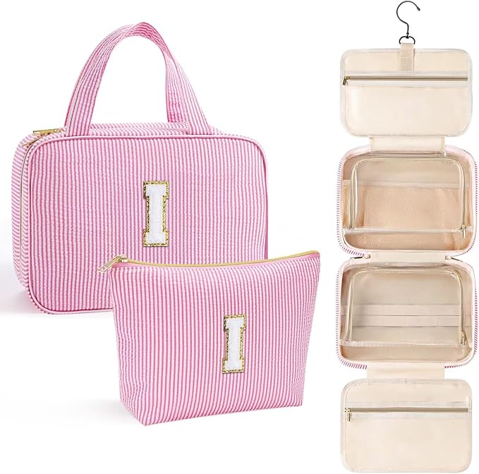 YOOLIFE Travel Toiletry Bag for Women - Hanging Toiletry Bag Initial Makeup Bag, Portable Toiletries Cosmetic Bag, Airplane Travel Essentials - Letter I, Pink