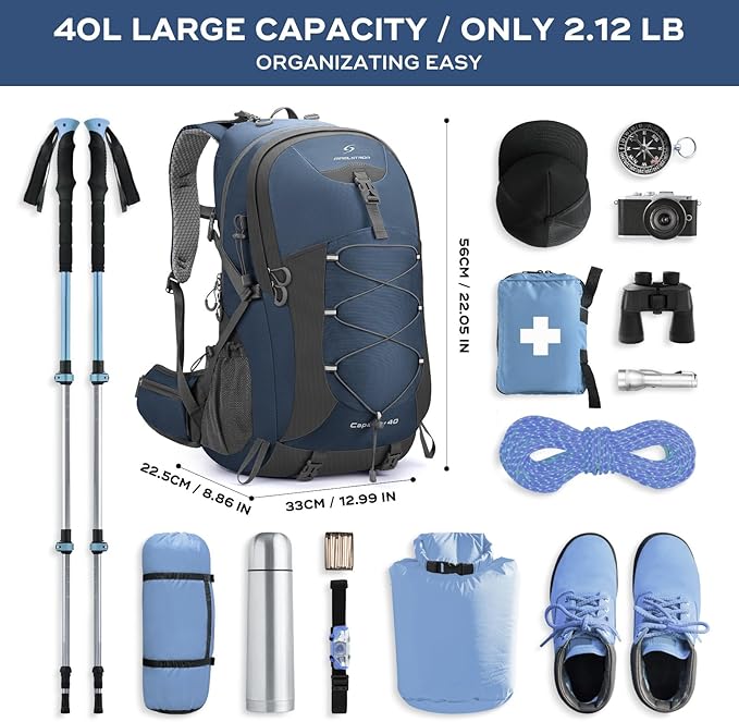 Maelstrom Hiking Backpack,Camping Backpack,40L Waterproof Hiking Daypack with Rain Cover,Lightweight Travel Backpack,Blue