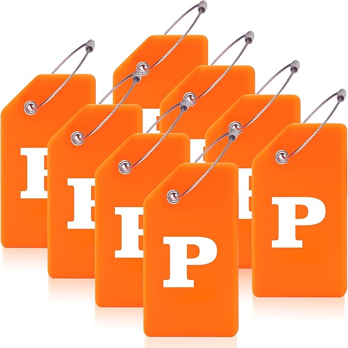 8 Pcs Luggage Tags for Suitcases, 26 Initial Letter Travel Luggage Baggage Identification Labels ID Tags Fully Bendable Tags with Stainless Steel Loop (Letter P, Orange)