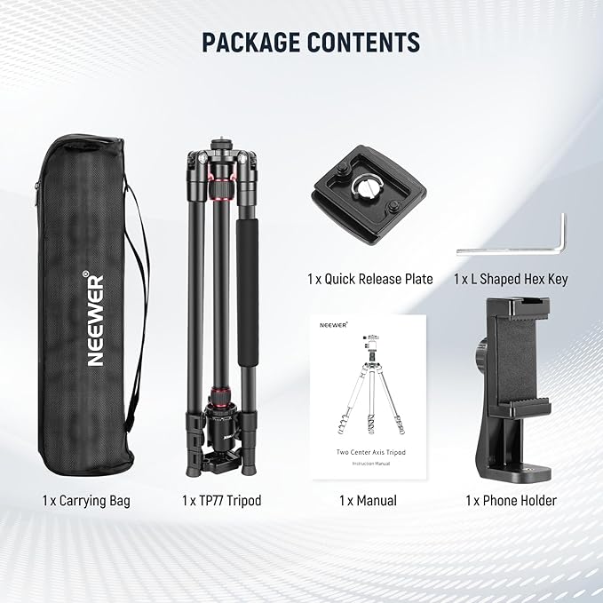 NEEWER 77" Camera Tripod Monopod with Cell Phone Holder Compatible with iPhone for Video Recording, Compact Aluminum Lightweight Travel Stand with Ball Head QR Plate Bag Cleaning Cloth, Max Load 34lbs