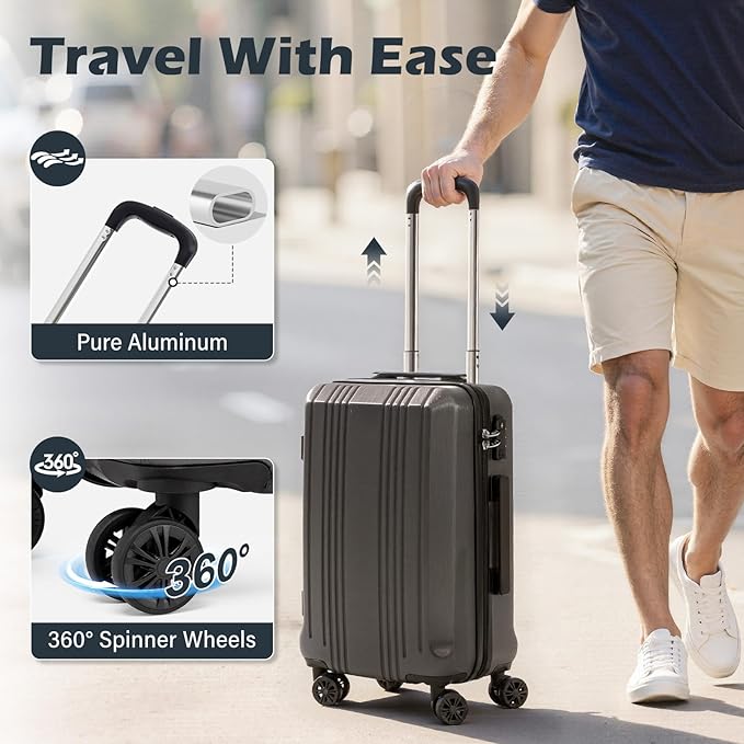Coolife Luggage Suitcase PC+ABS with TSA Lock Spinner Carry on Hardshell Lightweight 20in 24in 28in(sliver, S(20in_carry on))