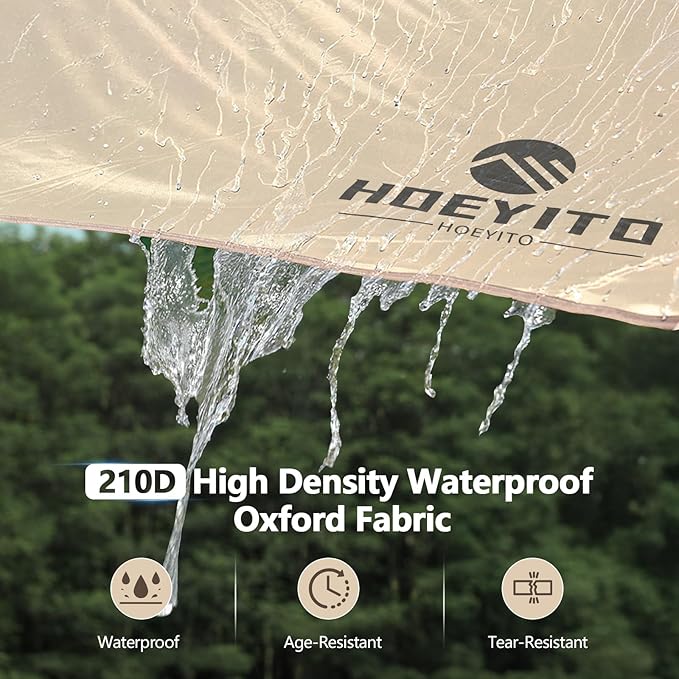 Camping Tarp with Poles & Retainer,15x12.5FT Large Waterproof 210D Oxford Cloth Camping Canopy, Anti-UV UPF100+ Tent Tarp Car Awning for Outdoor, Picnic, Hammock, Car, Backpacking (Khaki-Black)
