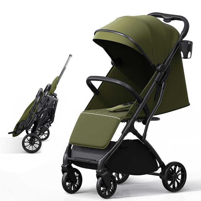 newyoo Lightweight Travel Stroller for Toddlers, Compact Fold Baby/Infant Stroller with Telescoping Handle & Cup Holder, Airplane-Friendly, One-Hand Easy Fold, Near Flat Recline Seat, TR18, Green