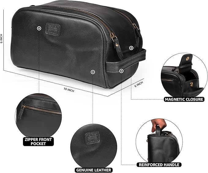 LEATHER VILLAGE Premium Leather Toiletry Travel Pouch With Waterproof Lining - Black | King-Size Handcrafted Vintage Cosmetic Organizer & Shaving Essential Bag