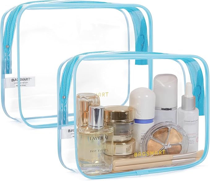 BAGSMART Clear Toiletry Bag, 2 Packs TSA Approved Water Resistant Quart Size Travel Organizer, Airport Airline Travel Essential Carry On Makeup Cosmetic Bags for Women, Blue