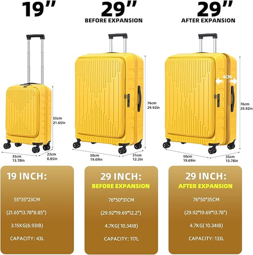 2 Pieces 19/29 Luggage Sets, 19 Inch Carry On Luggage with Front Pocket & 29 Inch Side Opening Suitcase, Ligthweight ABS+PC Hardshell, TSA Lock & YKK Zipper with HINOMOTO 360° Wheels, Yellow