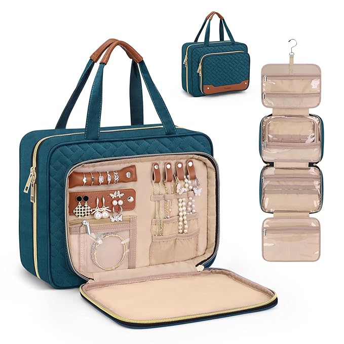 Wedama Toiletry Bag for Women, Hanging Travel Toiletry Bag with Jewelry Organizer Compartment Large Makeup Bag, PVC Waterproof Cosmetic Travel Bag for Travel Business Trips Camping Bathroom, Blue