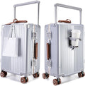 feilario 20" Aluminum Frame Wide Handle Hard Shell Carry On Suitcase - Vivid Colors Double Spinner Wheels Airline Approved Rolling Luggage with TSA Lock & Cup Holder (Silver, 20in)