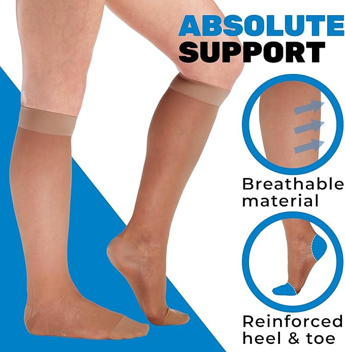 (3 Pairs - Closed Toe) Made in USA - Sheer Compression Socks for Women 15-20mmHg - Compression Stockings for Varicose Veins Circulation, Thrombosis, Embolism - Beige, Medium - A101BE2-3