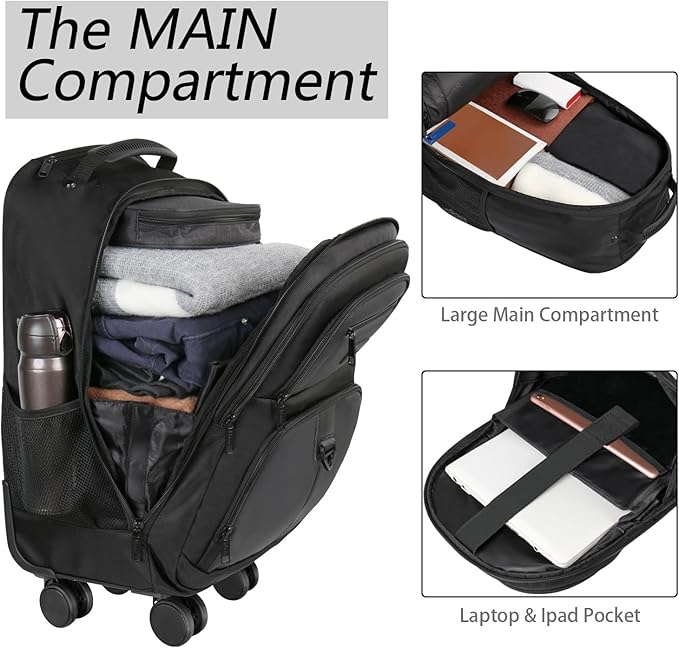 MATEIN Rolling Backpack with 4 Wheels, 17 inch Roller Travel Laptop Backpack for Women Men, Large Water Resistant Business Wheeled Bag, Airline Approved Carry on Luggage Suitcase Bag, Black