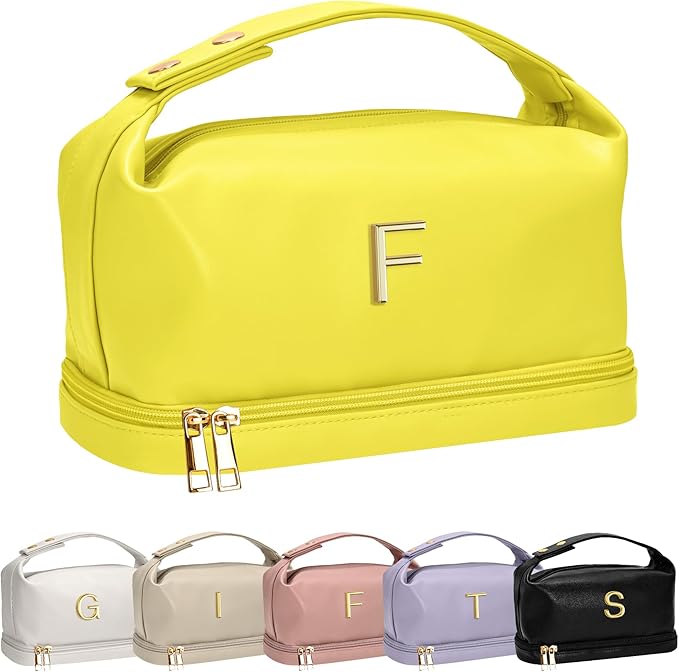 Gifts for Women, Personalized Makeup Bag Organizer with Handle, Initial Double Layer Cosmetic Bag with Makeup Brush Organizer, Cute Cosmetic Pouch for Women, Gifts for College Girls