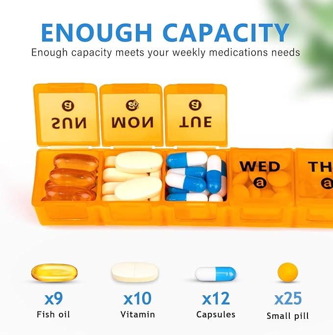 2-Pack Large Weekly Pill Organizer,7 Day Pill Cases Organizers Once A Day,Am Pm Pill Container 14 Compartment,Daily Vitamin Pill Box Dispenser 1 Week,Medication Aid Organizer Box for Supplement