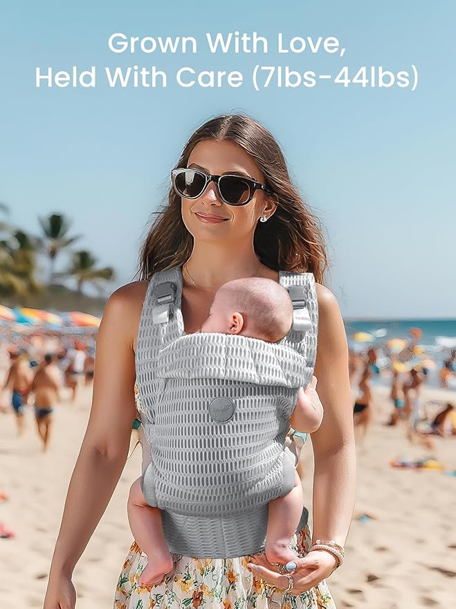 Grownsy Baby Carrier Newborn to Toddler (7-44lbs), Ergonomic & Cozy Wraps with One-Click Buckle, Mesh & Head Support for Hands-Free Comfort, Silver Gray