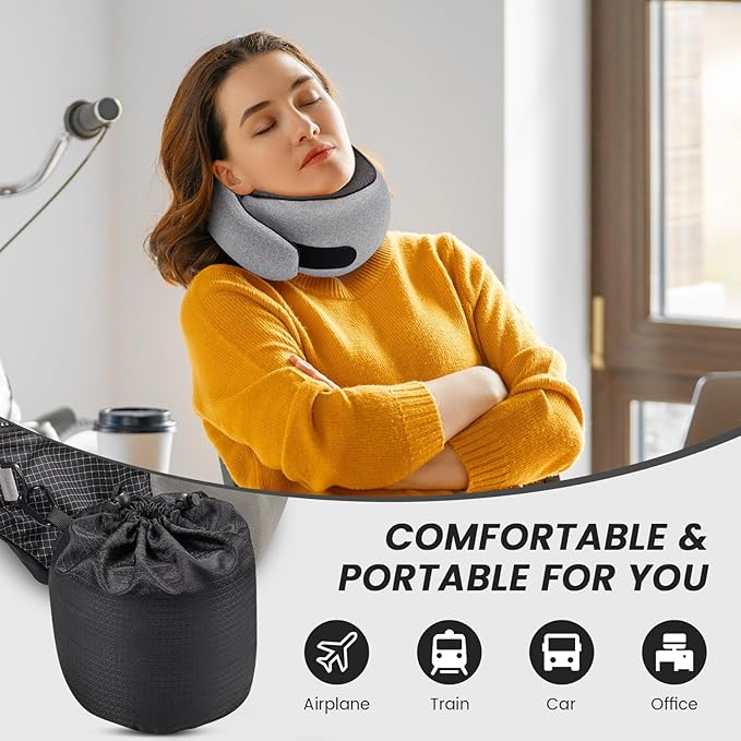 Travel Neck Pillows, 100% Memory Foam Filling, Travel Pillows for Airplanes, Compact and Ergonomic Design, Best for Sleeping Plane Train Travel Essentials (Light Grey)