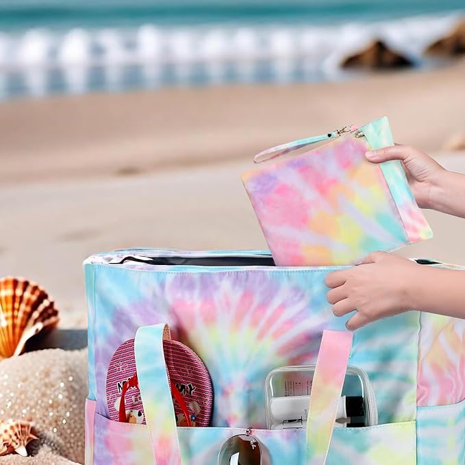 CAMTOP Waterproof Beach Tote Bag for Women Girls with Zipper Foldable Sandproof Pool Swim Bag Travel Carry On Gym