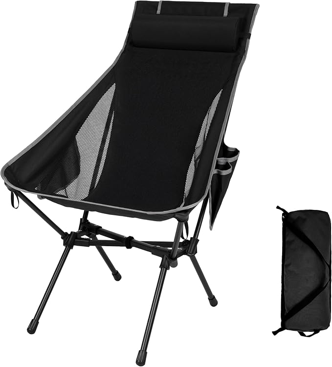 Portable High Back Camping Chair, Support Heavy Duty 440 lbs, Lightweight Folding Chair with Adjustable Pillow for Hiking, Beach, Backpacking