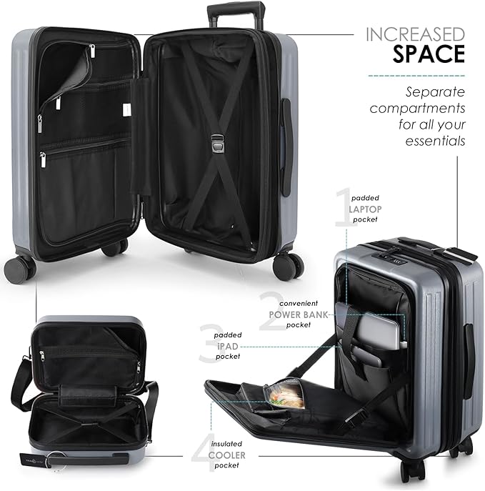 22 Inch Carry On Luggage 22x14x9 Airline Approved, Carry On Suitcase with Wheels, Hard-shell Carry-on Luggage, Durable Luggage Carry-On, Grey Small Suitcase with Cosmetic Case