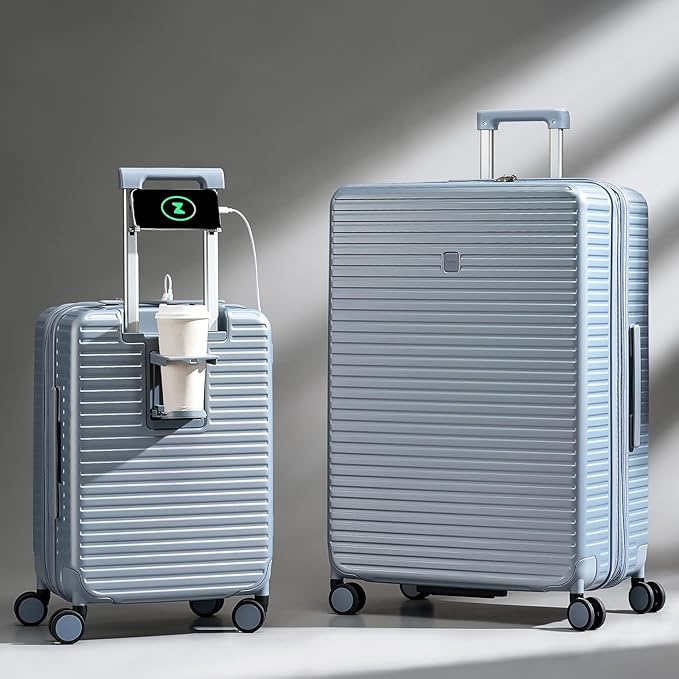 Hard Shell Suitcases Expandable Travel Luggage Sets 2 Piece, Carry on and Check in Luggage Lightweight Suitcase Set 2 Piece with Wheels Cup Holder Charger Built in (Interstellar Blue, 20/28)