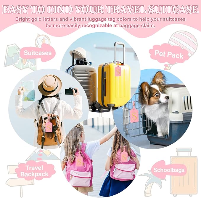 Personalized Initial Luggage Tags for Suitcase, Pink Leather Cute Luggage Tags with Privacy Cover Name Card, Embroidered Custom Monogrammed Luggage Tag Travel Bag Baggage Tags Gifts for Women Kids(S)
