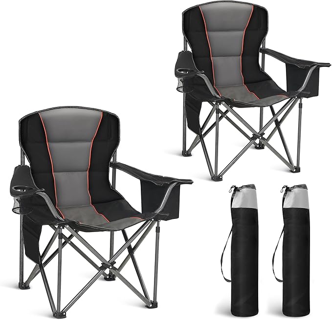 HIGH POINT SPORTS Oversized Camping Folding Chair, Heavy Duty Portable Lawn Chairs, Folding Chairs for Outside with Cup Holder and Cooler Bag for Camp, Travel, Support 450 LBS, 2 Pack, Black