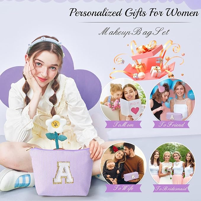 YOOLIFE Travel Makeup Bag Organizer - Small, Initial, Teen Girl Gift for Travel or Birthday
