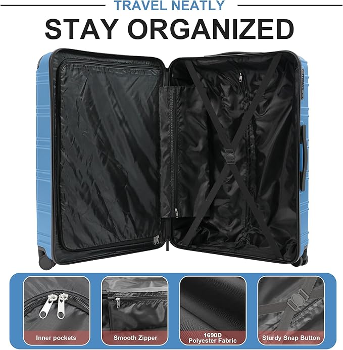 Luggage Sets 4 Piece, ABS PC Lightweight Suitcases with Wheels, Hardshell Luggage Sets Carry on Luggage with TSA Lock Blue (12in 20in 24in 28in)