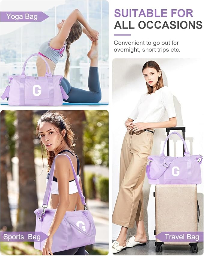 Daughter Niece Gifts for Teen Girl Kids, Initial Travel Duffel Bag Sports Gym Bag Personalized Gifts Weekender Bag，Monogram Overnight Bag Cute Dance Bag Birthday Bridesmaid Gifts for Women(Purple, G)