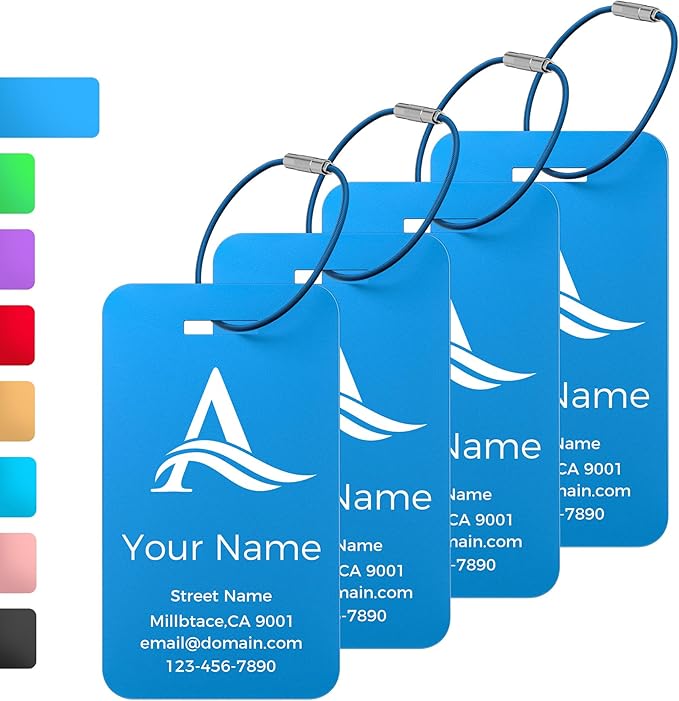 Personalized Luggage Tags, Custom Luggage Tags 4 Pack TSA Approved Double Sided Laser Engraving, Metal Luggage Tag for Suitcases with Stainless Loops, Name Tag for Bags, Backpacks (Blue)