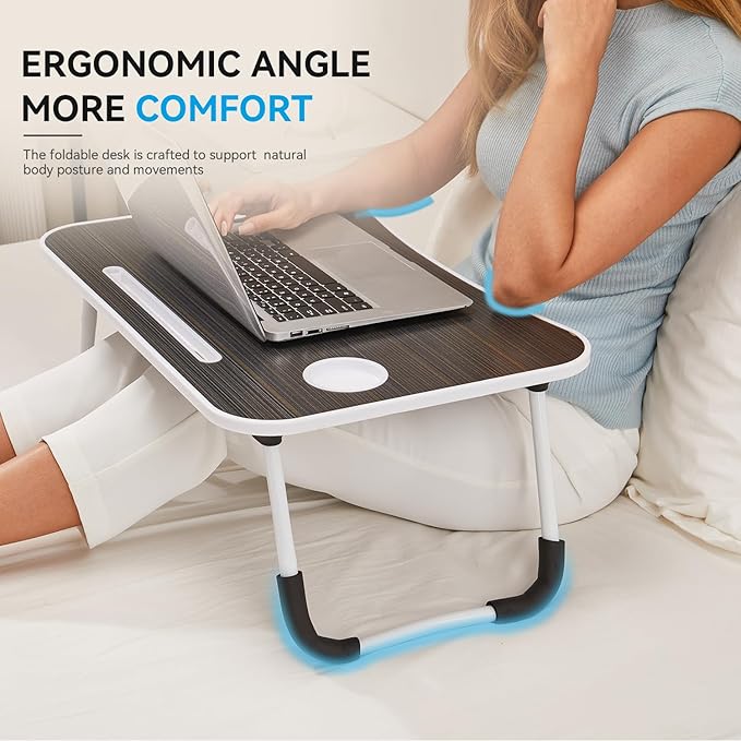 BUYIFY Folding Lap Desk, 23 Inch Portable Wood Black Laptop Bed Desk Lap Desk with Cup Holder, for Working Reading Writing, Eating, Watching Movies for Bed Sofa Couch Floor