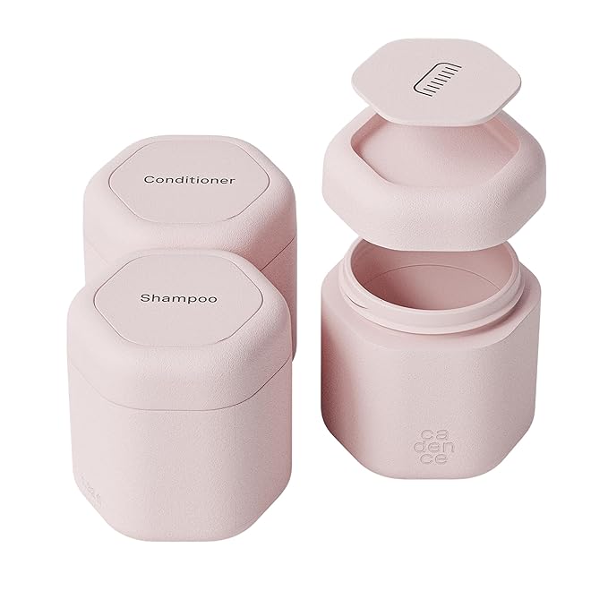 Cadence Travel Containers Haircare Capsule Set - Magnetic Containers with Lids,Carry On Travel Essentials For Women/Men - 3 Flex Mediums (1.32oz) - Shampoo, Conditioner & Comb Icon Labels - Petal