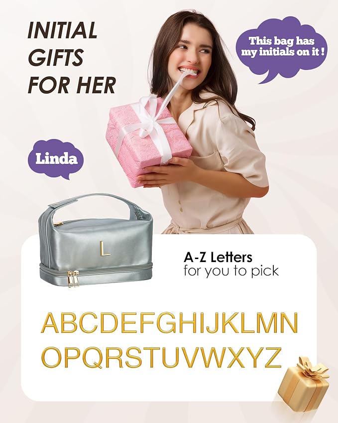 Makeup Bag For Teens 16-18, Personalized Makeup Bag with Handle, Initial Double Layer Cosmetic Bag with Makeup Brush Organizer, Cute Cosmetic Pouch for Women, Gifts for Friends Female Mom
