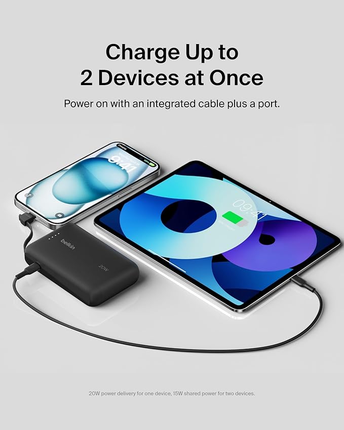 Belkin Portable Charger, Power Bank 10000 mAh with Integrated Cable - 20W Fast Charge USB-C Power Delivery, iPhone Charger - Apple iPhone 16 Series, iPad Pro, Samsung Galaxy S25, & More - Black