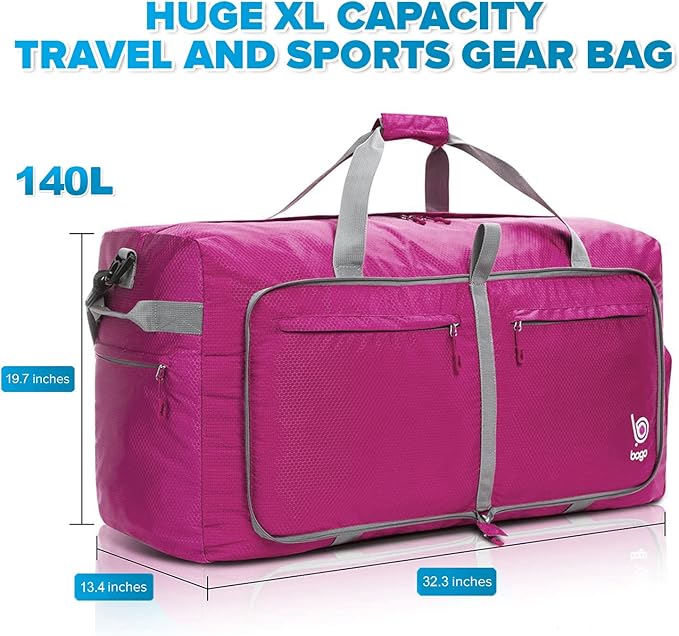 Bago Big XXL Foldable Duffel Bags for Traveling Women & Men - 140L Packable Duffle Bag for Travel with Shoe Compartment - Water Repellant, Heavy Duty, Lightweight Folding & Collapsible (Pink)