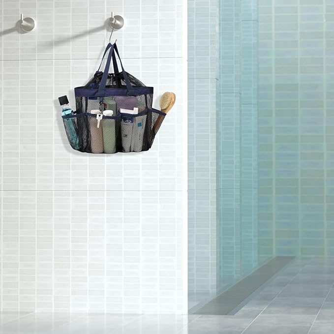 F-color Mesh Shower Caddy Portable with Drawstring - Deeper 7 Pockets Dorm Room Essentials for Guys Girls with S Hook, Shower Bag Tote for College Camping Toiletry Bathroom, Black with Dark Blue