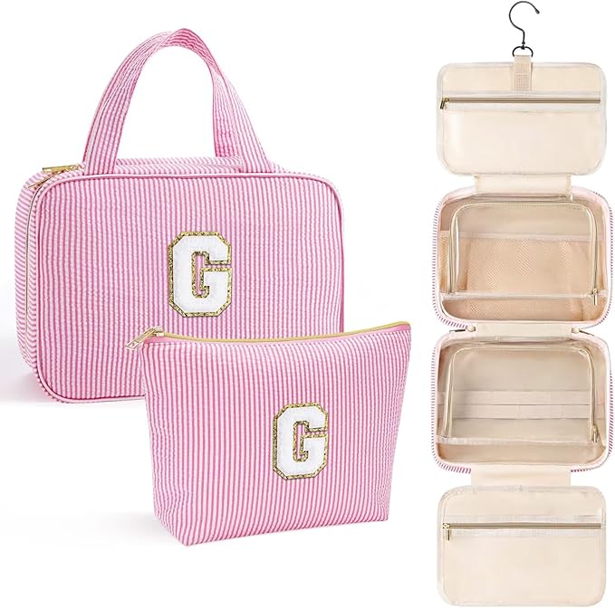 YOOLIFE Graduation Gifts for Her - Hanging Toiletry Bag for Women, Travel Toiletry Bag Makeup Bag, Personalized Travel Essentials for Women - Letter G, Pink