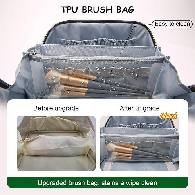 Travel Makeup Bag for Women: Large Capacity Open Flat Make up Bag Set of 3 - Vegan Leather Cosmetic Bag with Compartments - Waterproof Toiletry Bag with Handle & Divider(Green)