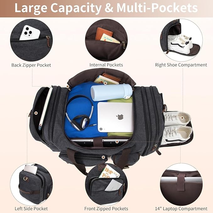 Mens Duffle Bag for Travel 3Pcs Set Travel Bags for Men 60L Expandable Canvas Bag (Dark Gray)